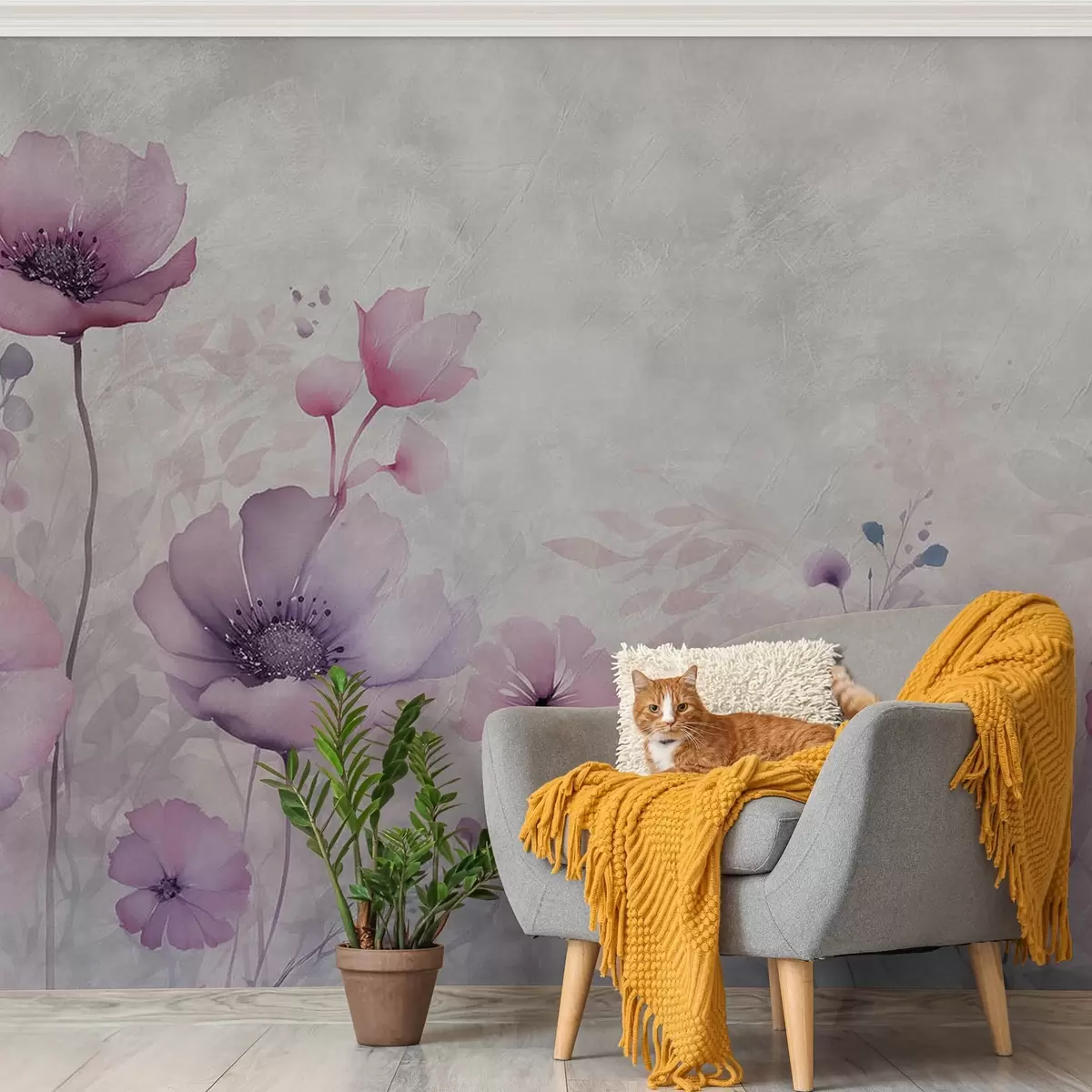 murales de pared Flores translúcidas sobre fondo de hormigón w08908