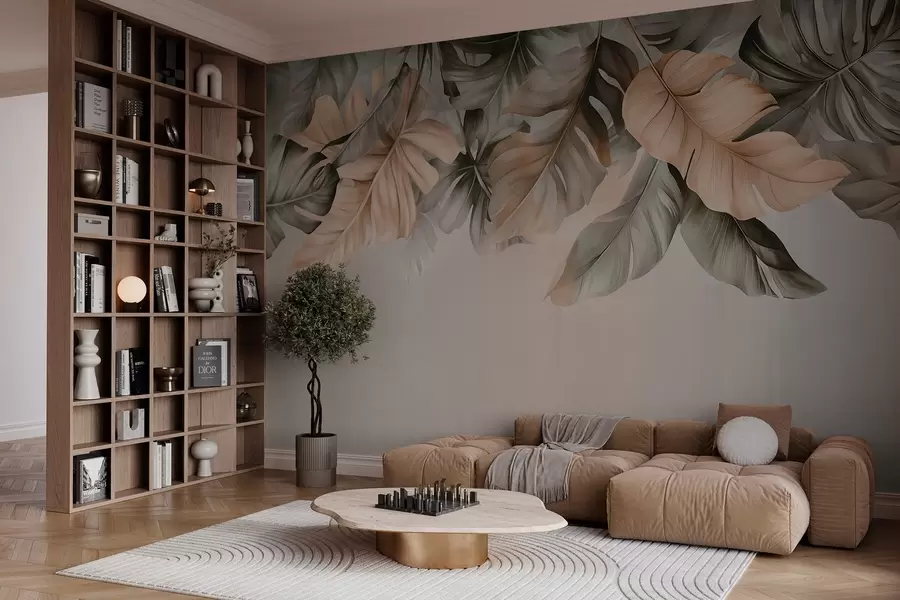 murales de pared Hojas tropicales colgando de la parte superior, sobre un fondo texturizado w03290