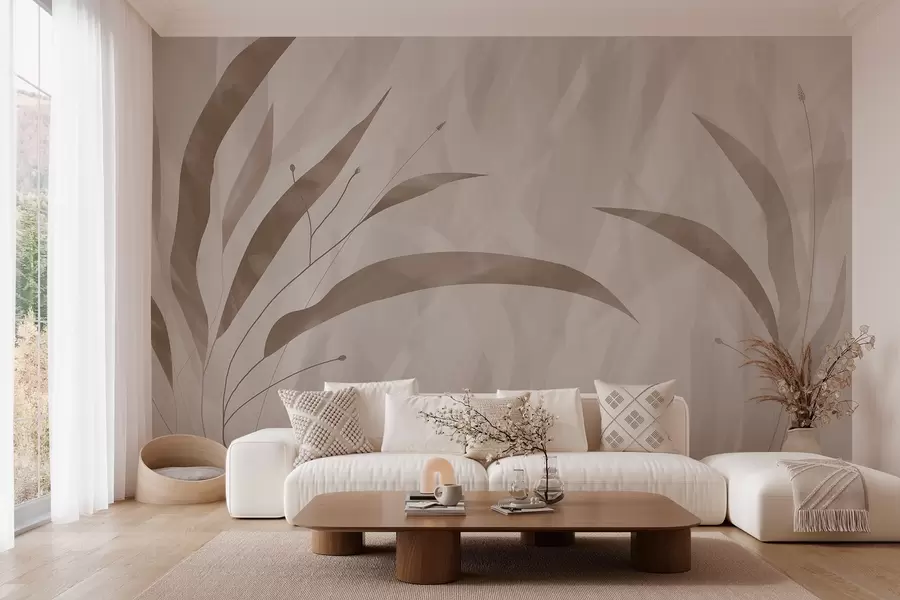 murales de pared Estilo ecológico, plantas sobre un fondo heterogéneo texturizado en tonos beige w03394