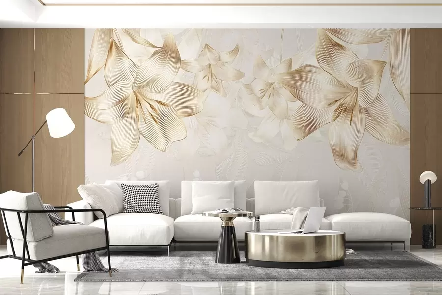 murales de pared Lirios amarillos con intrincados detalles de líneas, elegante arreglo floral, paleta de colores neutros w08912