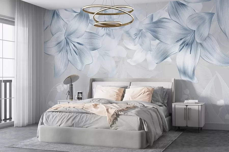 murales de pared Lirios azules con intrincados detalles de líneas, elegante arreglo floral, paleta de colores neutros w08912v1