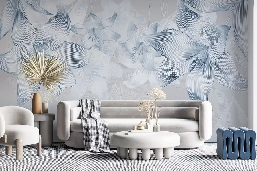 murales de pared Lirios azules con intrincados detalles de líneas, elegante arreglo floral, paleta de colores neutros w08912v1
