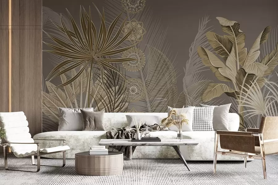 murales de pared Hojas tropicales en tonos beige y marrón, hojas de palmera, hojas de plátano y adornos de mandala, fondo oscuro w08913v1