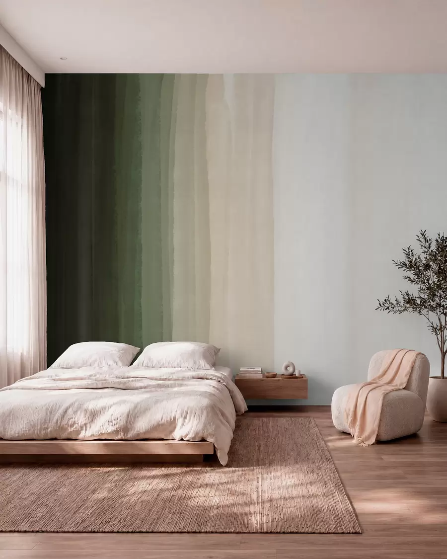 murales de pared Estampado abstracto minimalista degradado con rayas verticales de color verde oscuro, beige y blanco  w08915