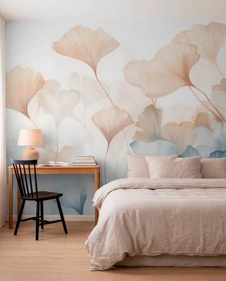 murales de pared Hojas de ginkgo en acuarela azul y naranja, pétalos translúcidos, tallos delicados, paleta de colores suaves w08917