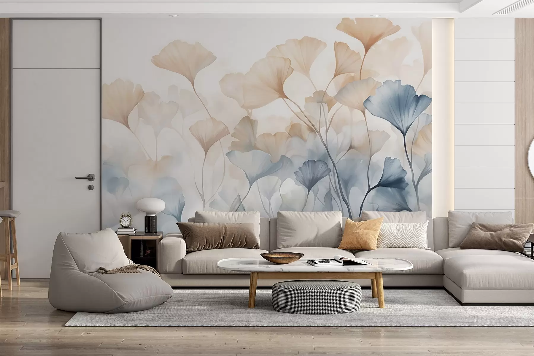 murales de pared Hojas de ginkgo en acuarela azul y naranja, pétalos translúcidos, tallos delicados, paleta de colores suaves w08917