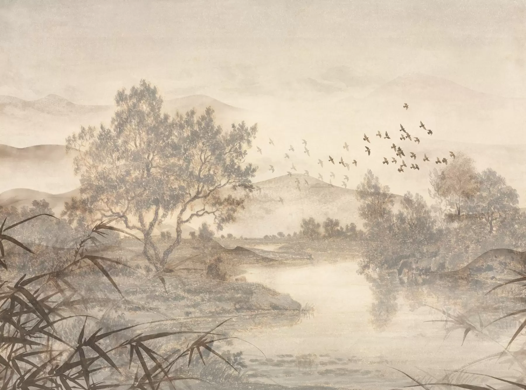 murales de pared Paisaje vintage texturizado con un árbol cerca de un río y un cielo nublado, arte de la naturaleza en tonos sepia w08920