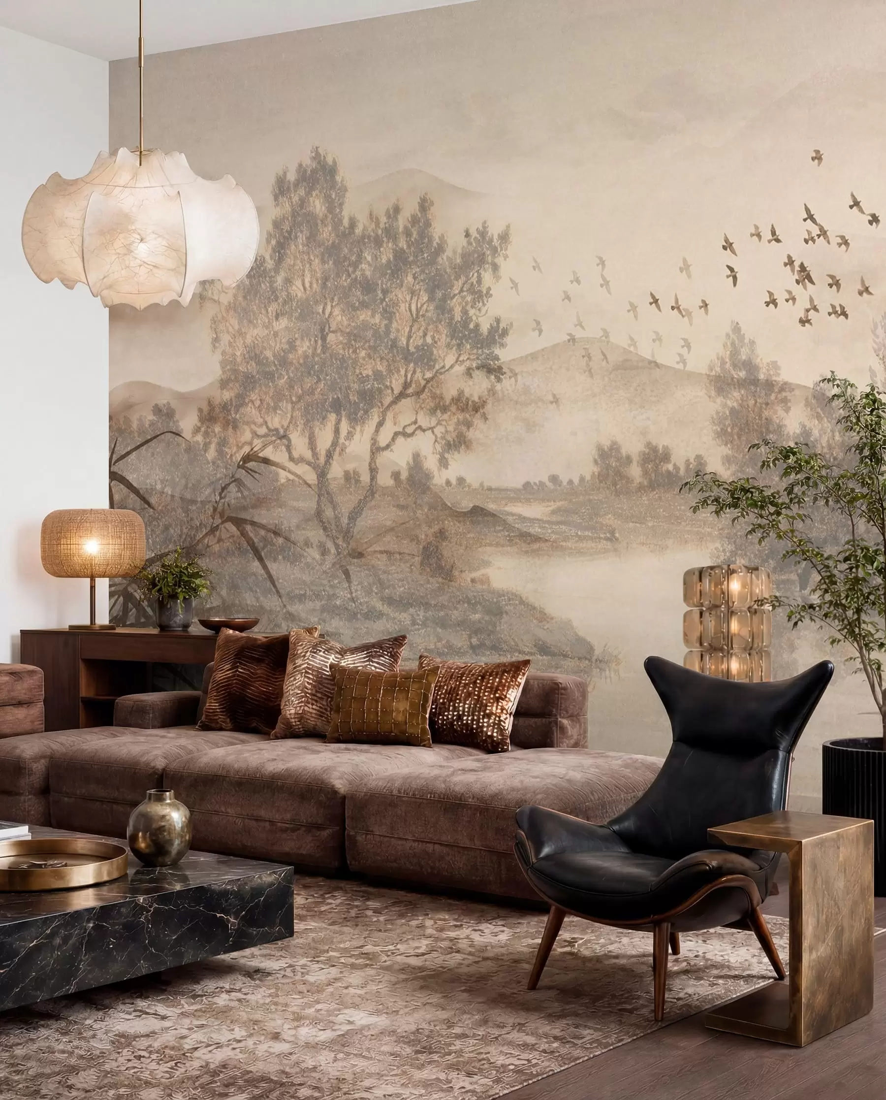 murales de pared Paisaje vintage texturizado con un árbol cerca de un río y un cielo nublado, arte de la naturaleza en tonos sepia w08920