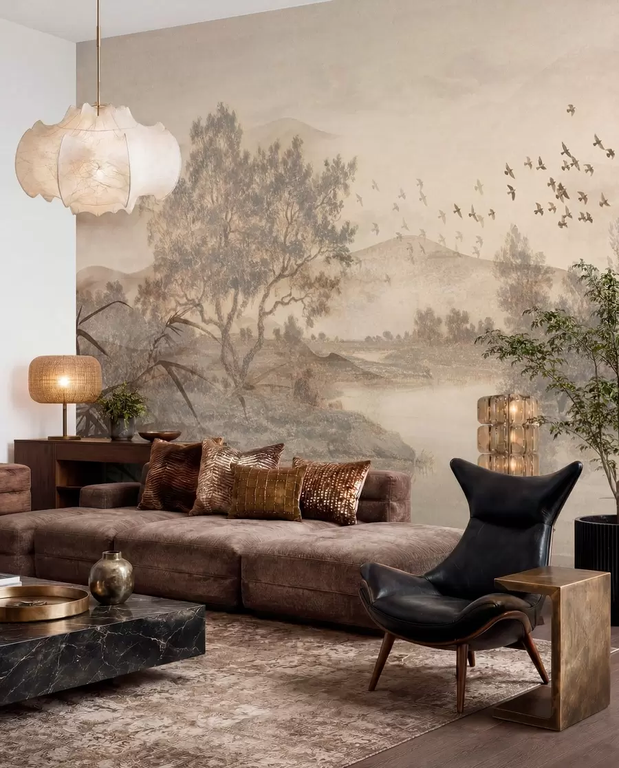 murales de pared Paisaje vintage texturizado con un árbol cerca de un río y un cielo nublado, arte de la naturaleza en tonos sepia w08920