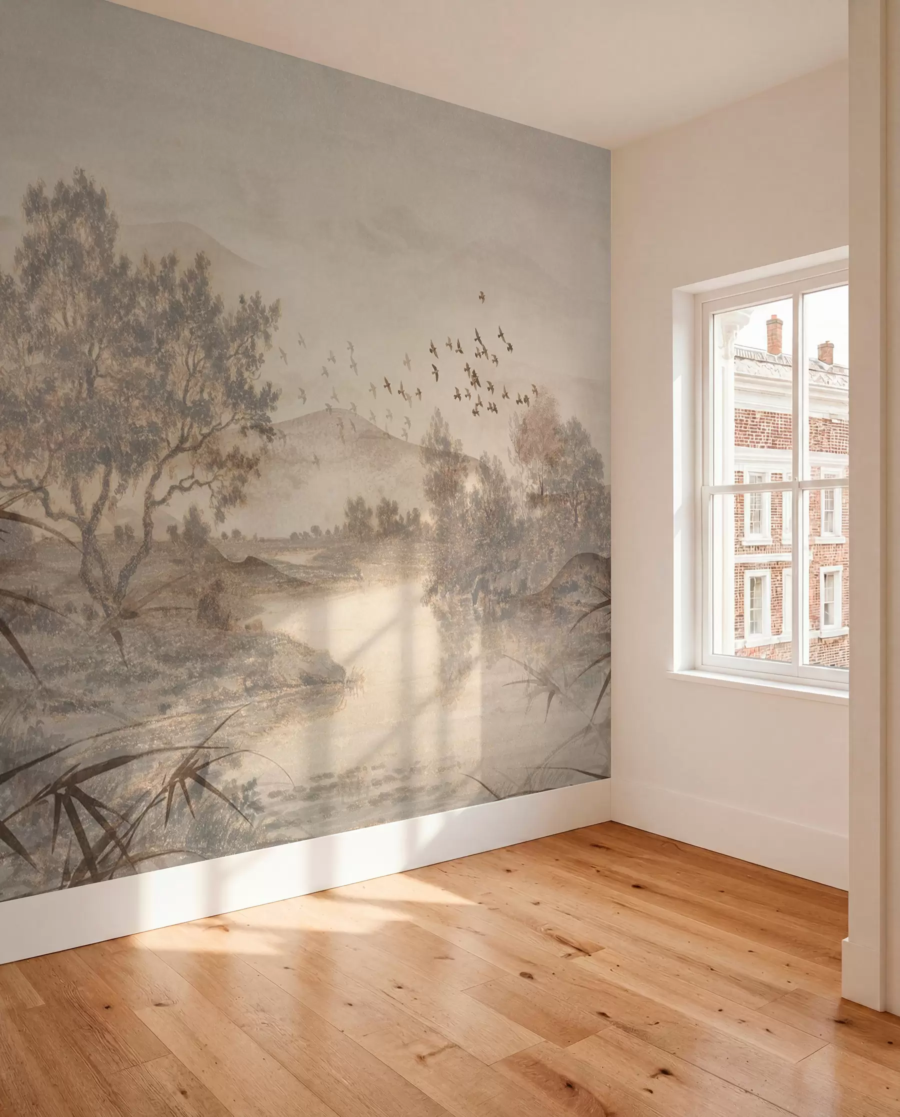 murales de pared Paisaje vintage texturizado con un árbol cerca de un río y un cielo nublado, arte de la naturaleza en tonos sepia w08920