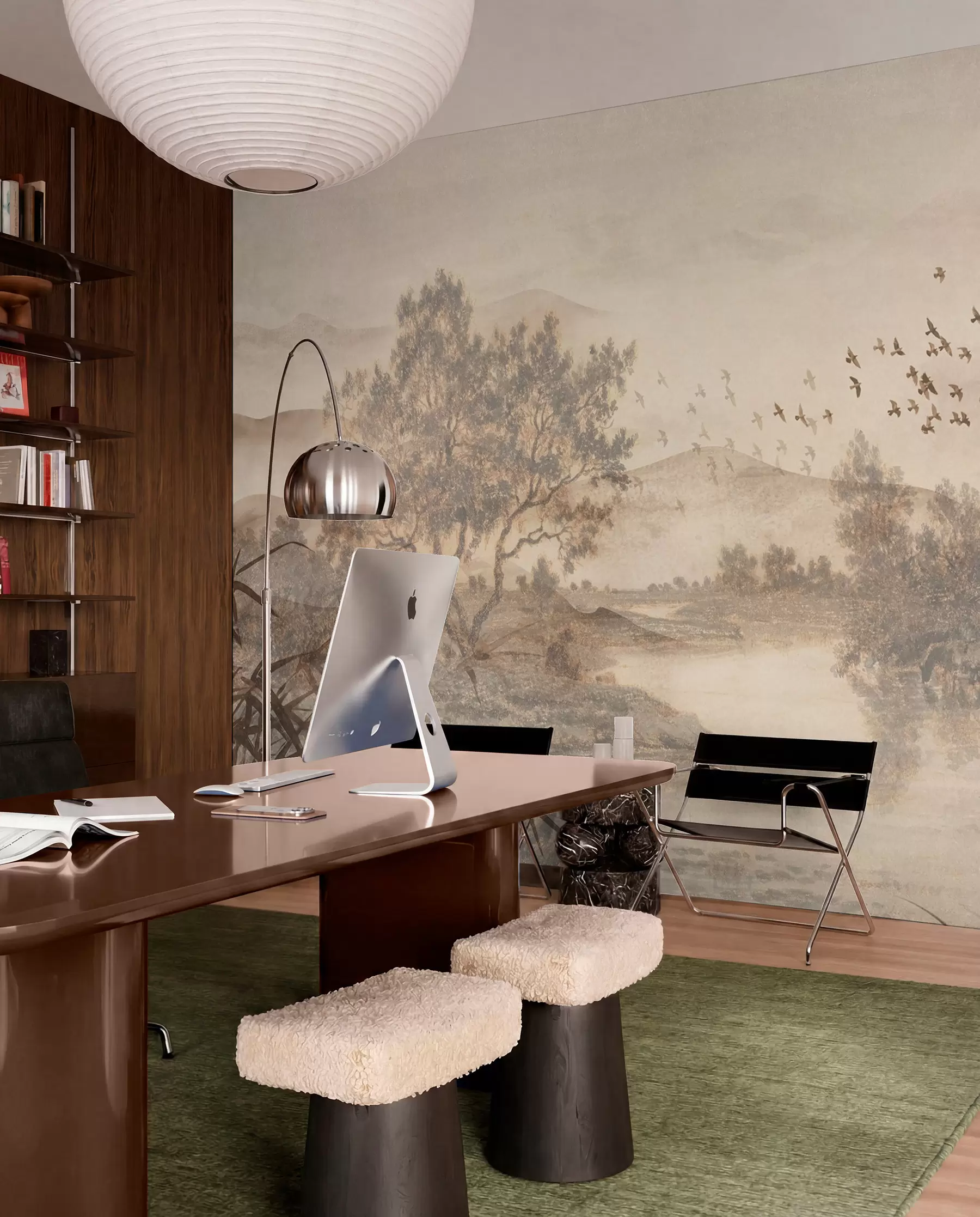 murales de pared Paisaje vintage texturizado con un árbol cerca de un río y un cielo nublado, arte de la naturaleza en tonos sepia w08920