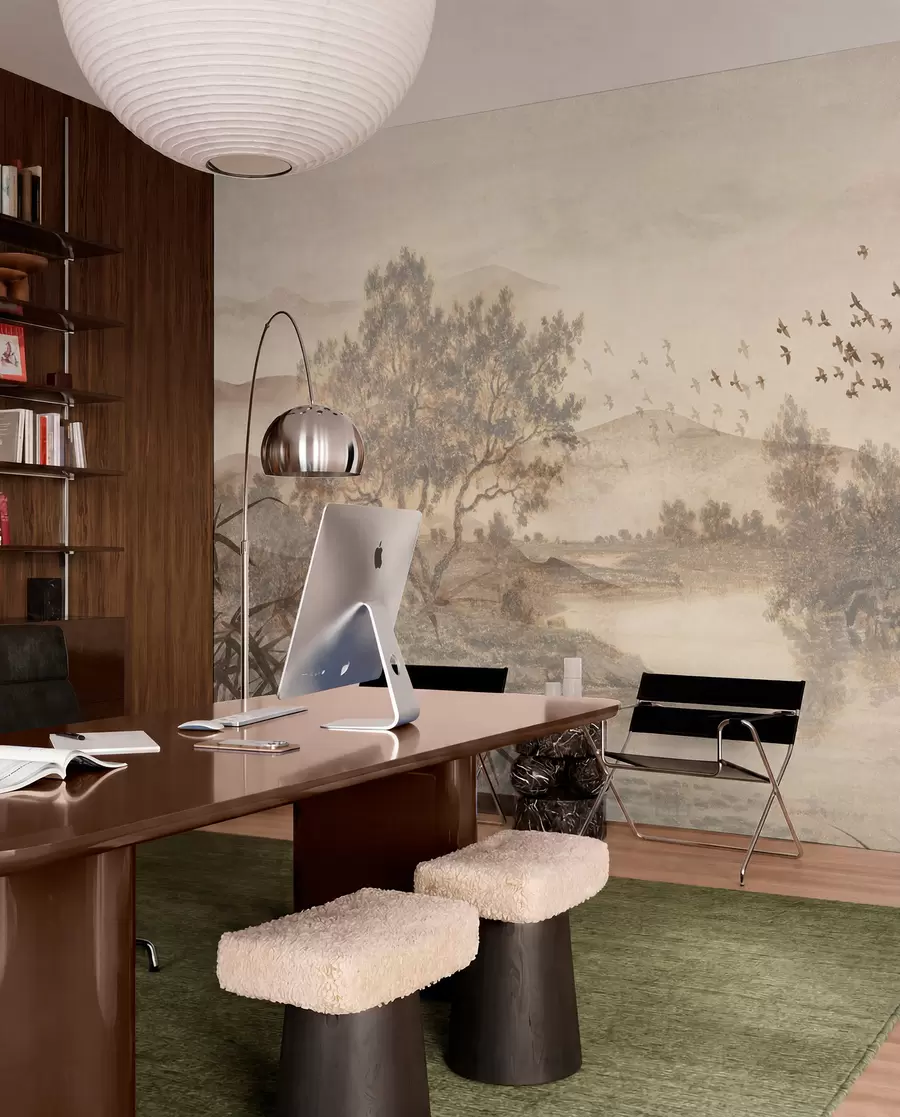 murales de pared Paisaje vintage texturizado con un árbol cerca de un río y un cielo nublado, arte de la naturaleza en tonos sepia w08920