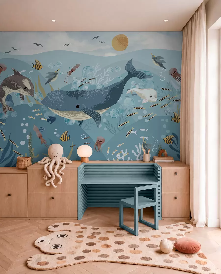 murales de pared Ilustración infantil linda impresión con ballena azul rodeada de peces, calamares, medusas en un océano azul con burbujas w08921