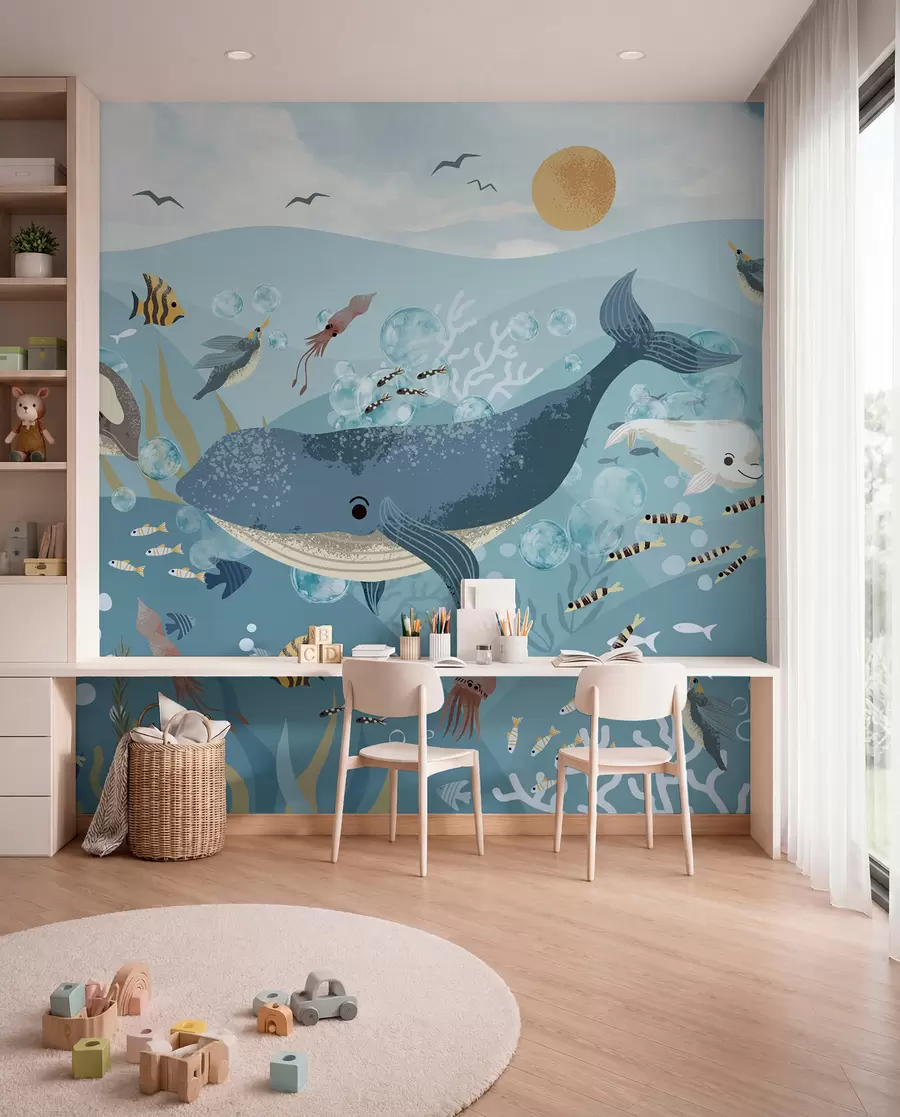 murales de pared Ballena azul bajo las olas w08921