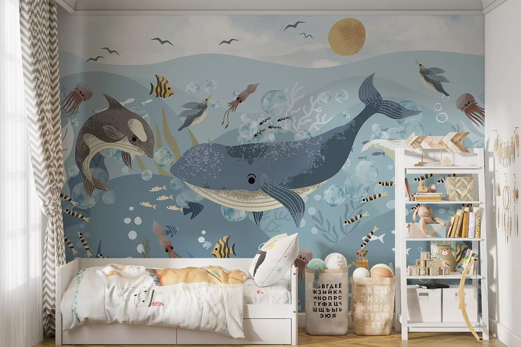 murales de pared Ilustración infantil linda impresión con ballena azul rodeada de peces, calamares, medusas en un océano azul con burbujas w08921