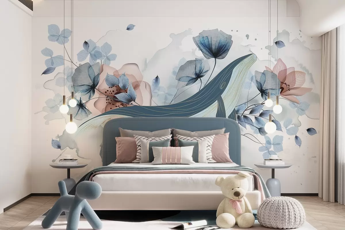 murales de pared Una ballena azul con flores, estilo acuarela, colores azul claro y rosa, fondo claro w08922