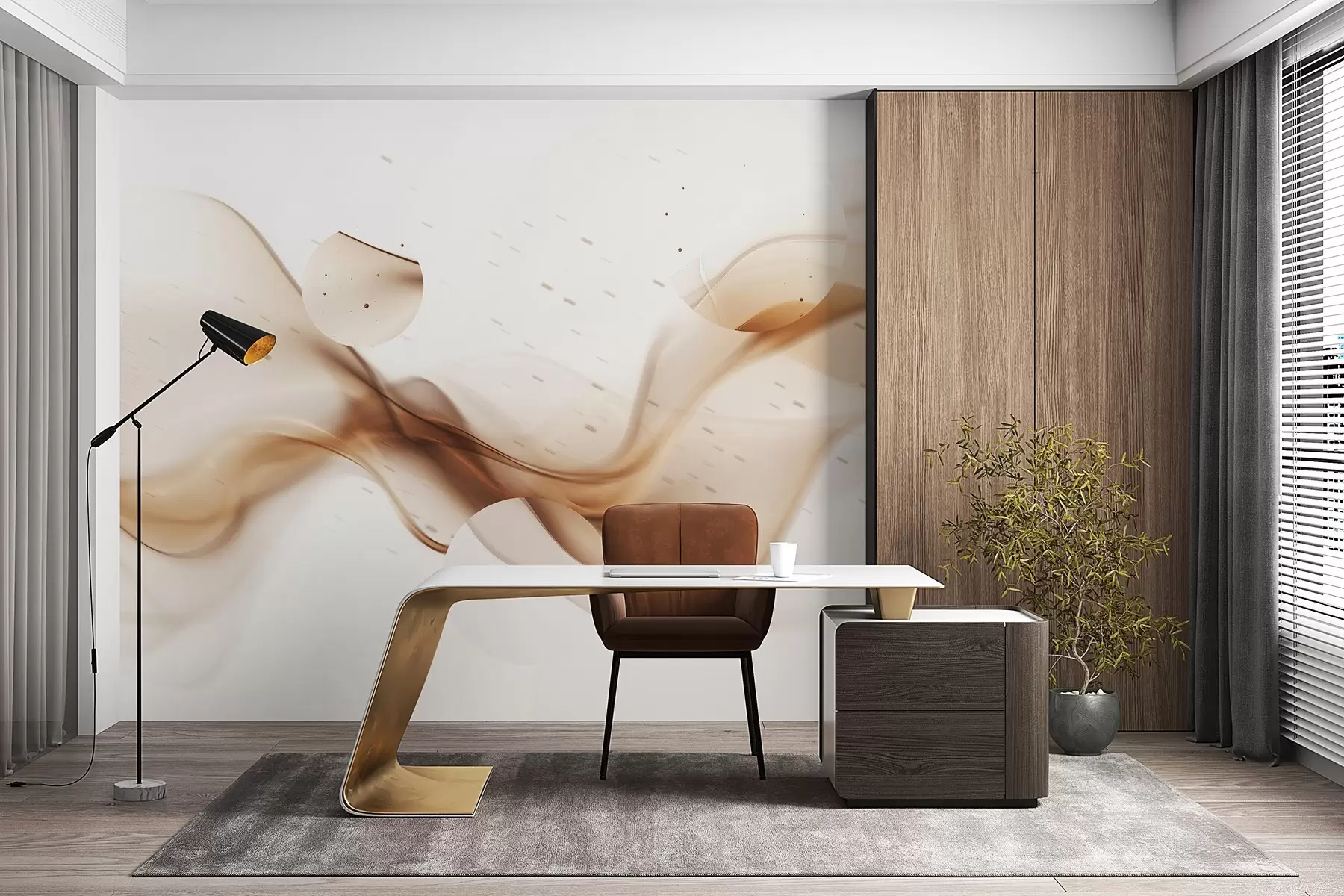 murales de pared Abstracción de ondas geométricas, estilo borroso, degradado, colores beige w03404