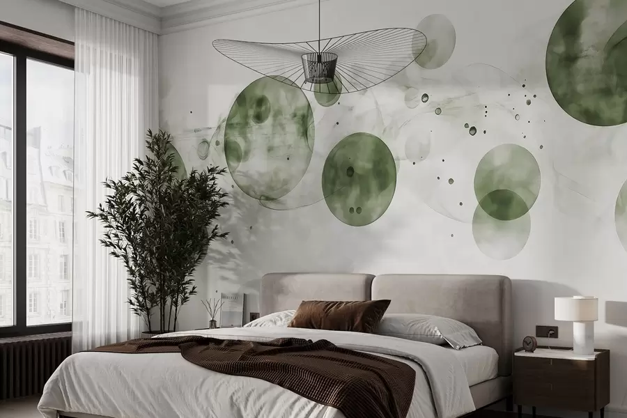 murales de pared Círculos estilo acuarela, abstracción, etéreo, arte fluido, colores verdes w03405v1