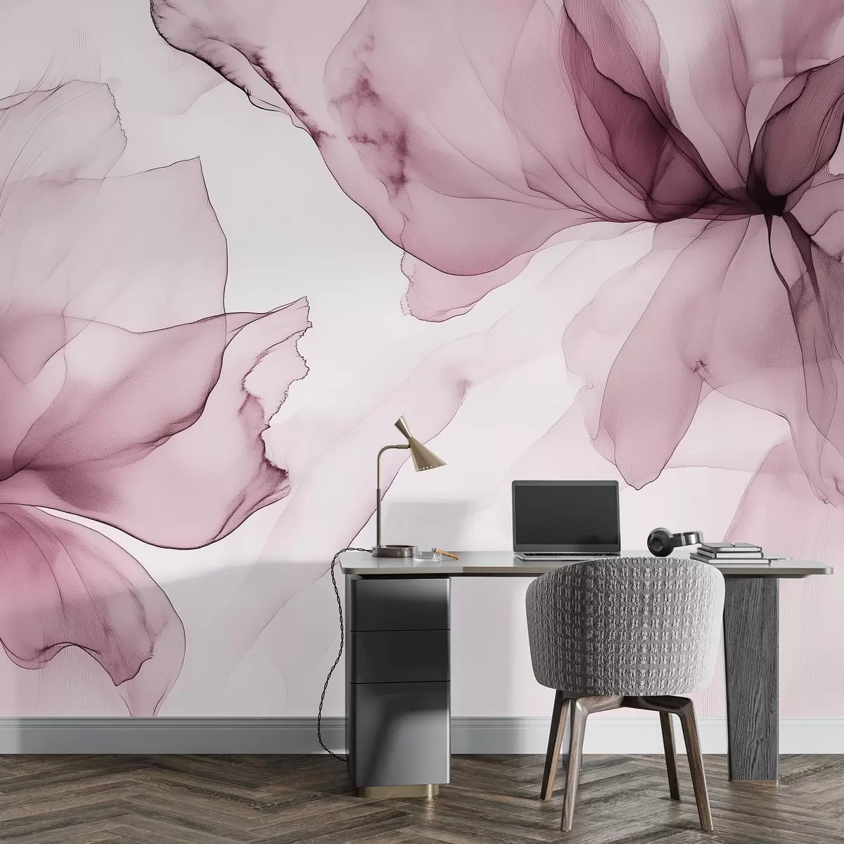 murales de pared Flores de estilo fluido, abstracción floral, acuarela, paleta de colores rosa  w03406v1