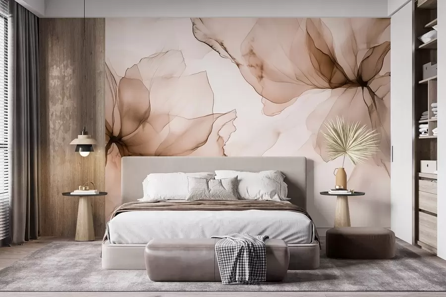 murales de pared Flores de estilo fluido, abstracción floral, acuarela, paleta de colores beige  w03406v3