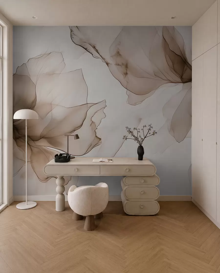murales de pared Flores de estilo fluido, abstracción floral, acuarela, paleta de colores beige  w03406v3