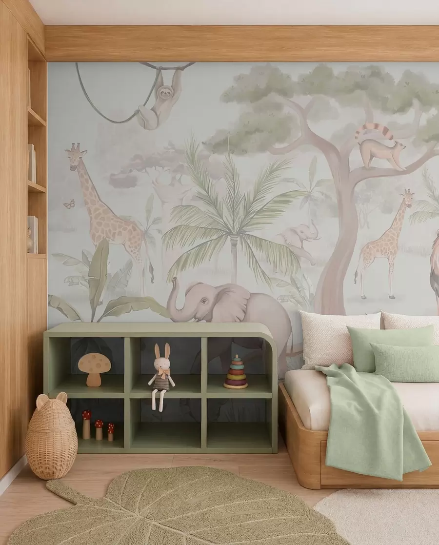 murales de pared Panorama de selva con animales en colores claros w03444v1