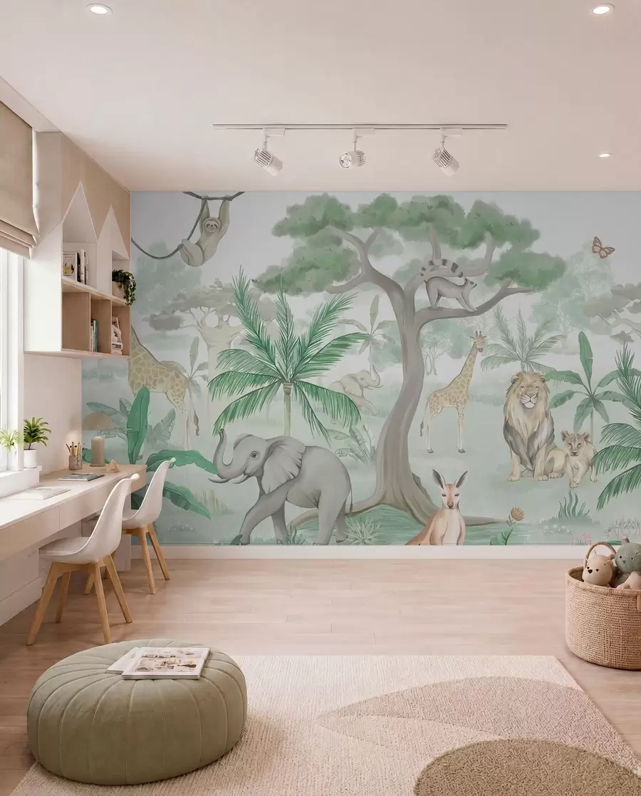 murales de pared Panorama de selva con animales en tonos verdes w03444v2