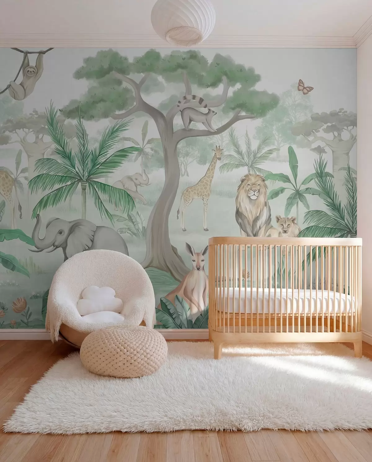 murales de pared Panorama de selva con animales en tonos verdes w03444v2