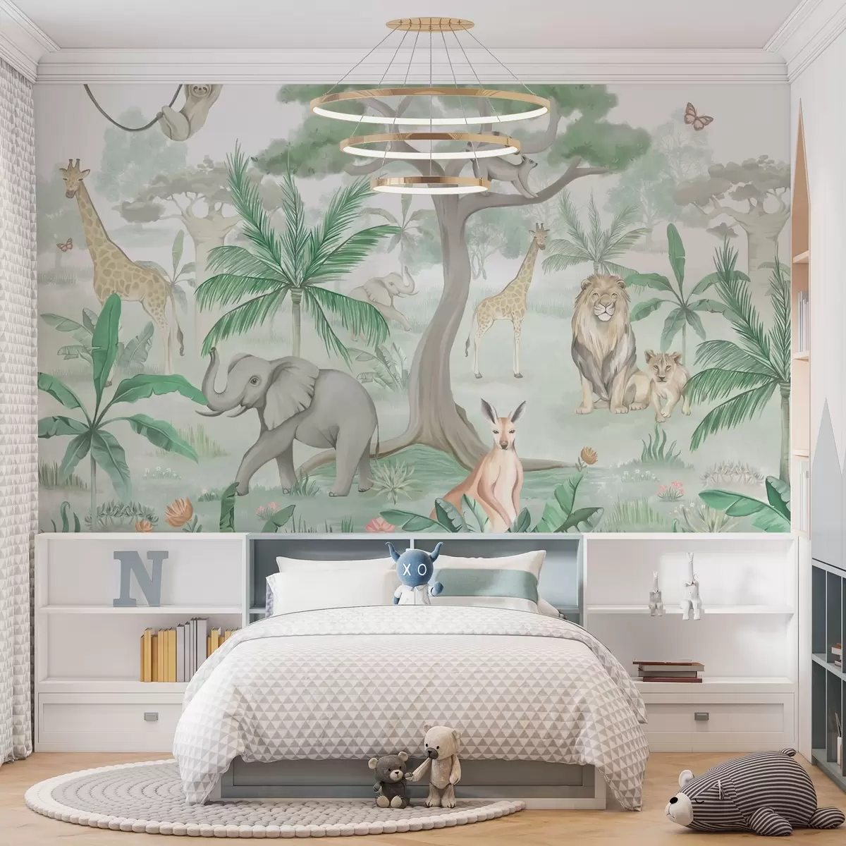 murales de pared Panorama de selva con animales en tonos verdes w03444v2
