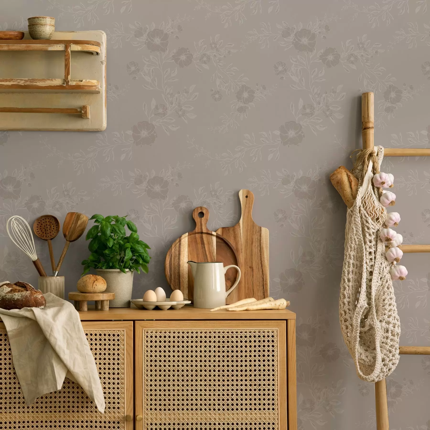 murales de pared Flores marfil en bruma gris a00006v1
