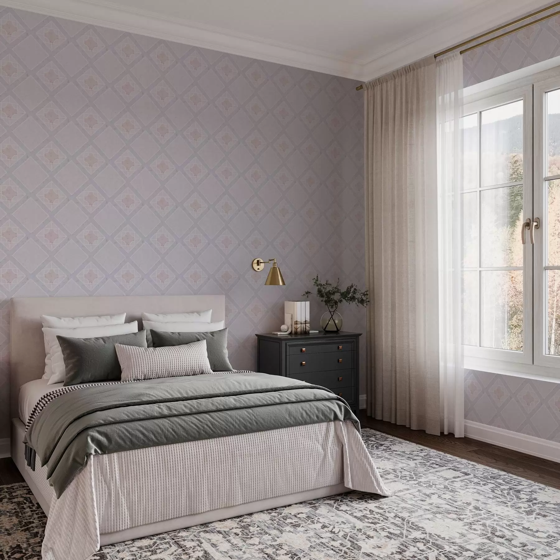 murales de pared Rombos blancos con centro rosa sobre fondo azul a00010v1