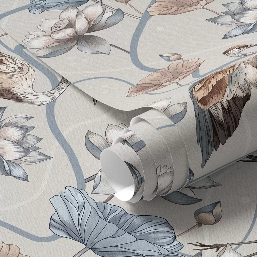 murales de pared Composición con grullas y lotos en colores pastel a00064