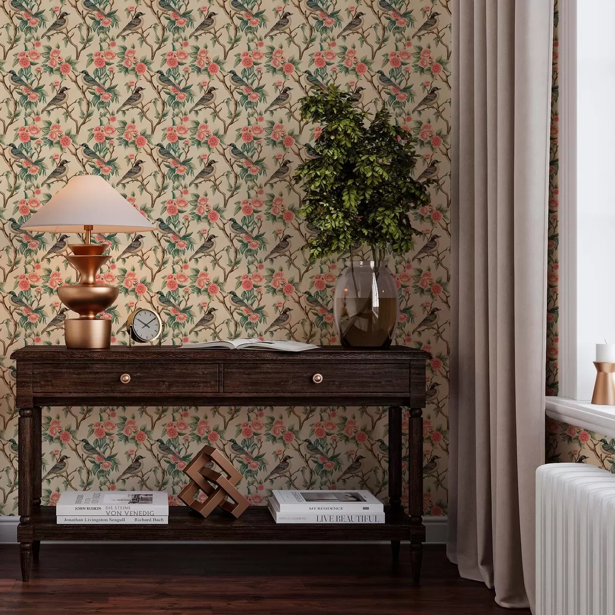 Papel pintado Pequeños pájaros sobre ramas con flores sobre fondo claro a00093