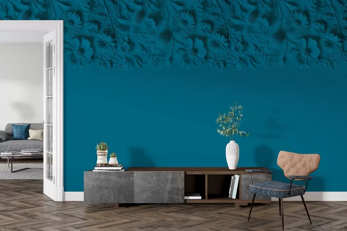 murales de pared Imitación de flores en bajorrelieve en la parte superior de color azul verdoso w03398