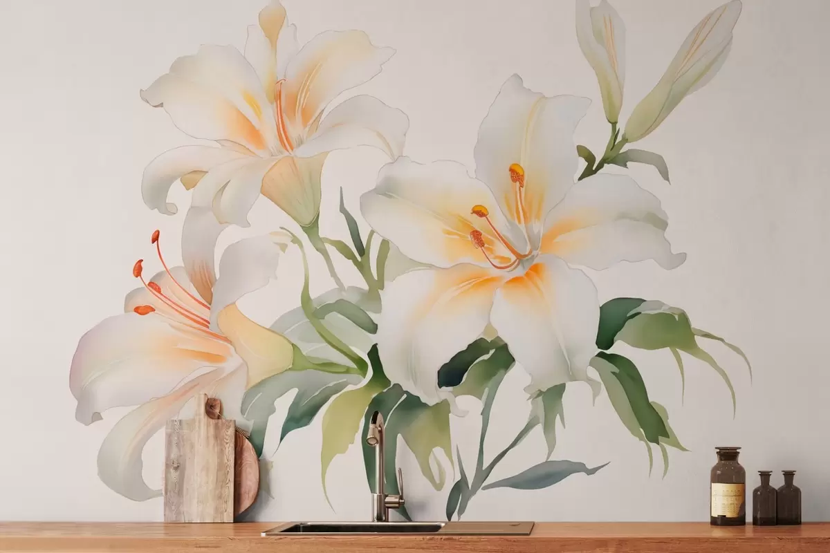 murales de pared Lirios blancos imitación acuarela w03460