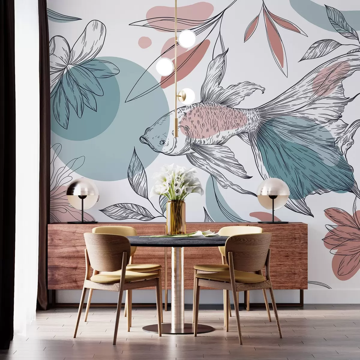 murales de pared Dibujo lineal pez con flores, minimalismo, marino, floral, azul y rosa  w03448v1