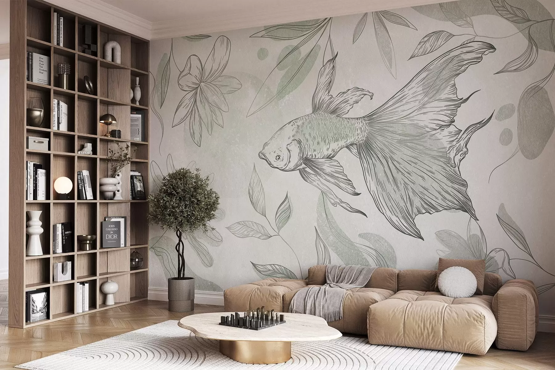 murales de pared Pez con elementos florales, fondo verde, dibujo lineal w03517v1