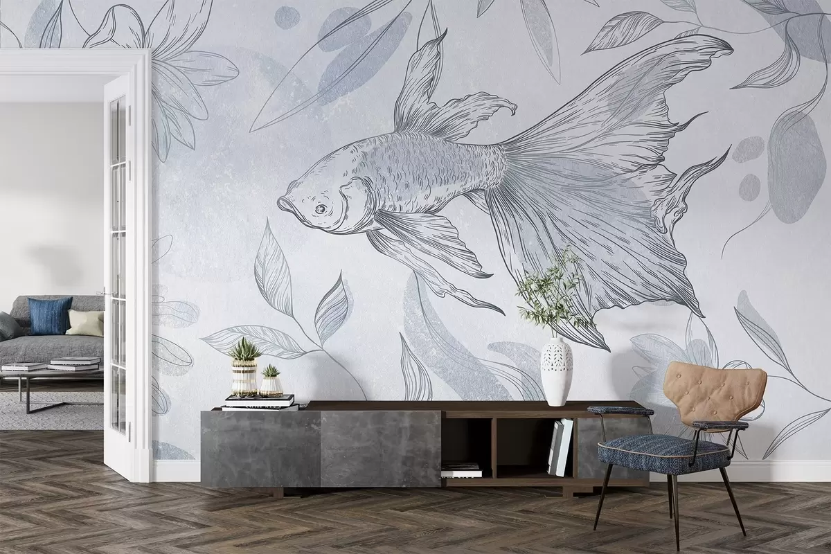 murales de pared Pez con elementos florales, fondo azul, dibujo lineal w03517v2