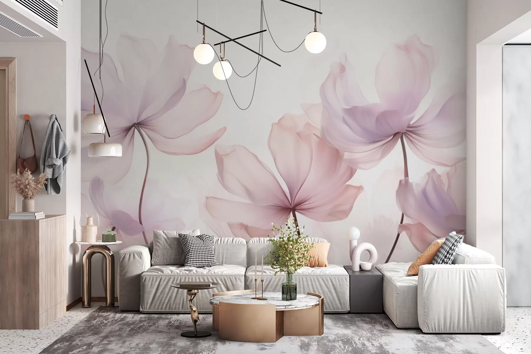 murales de pared Flores en tonos rosa suave w03521