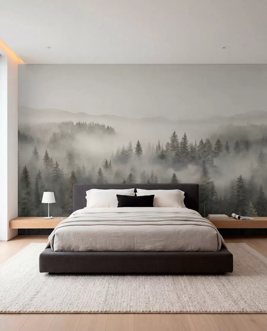 murales de pared Bosque de coníferas brumoso w03524