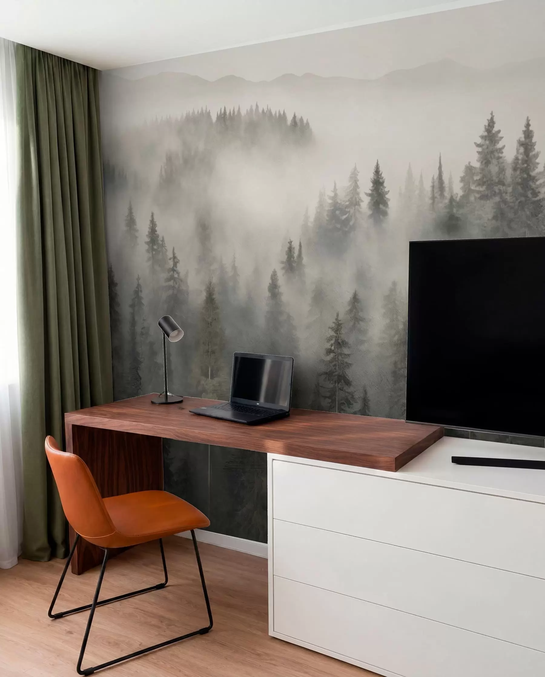 murales de pared Bosque de coníferas brumoso w03524