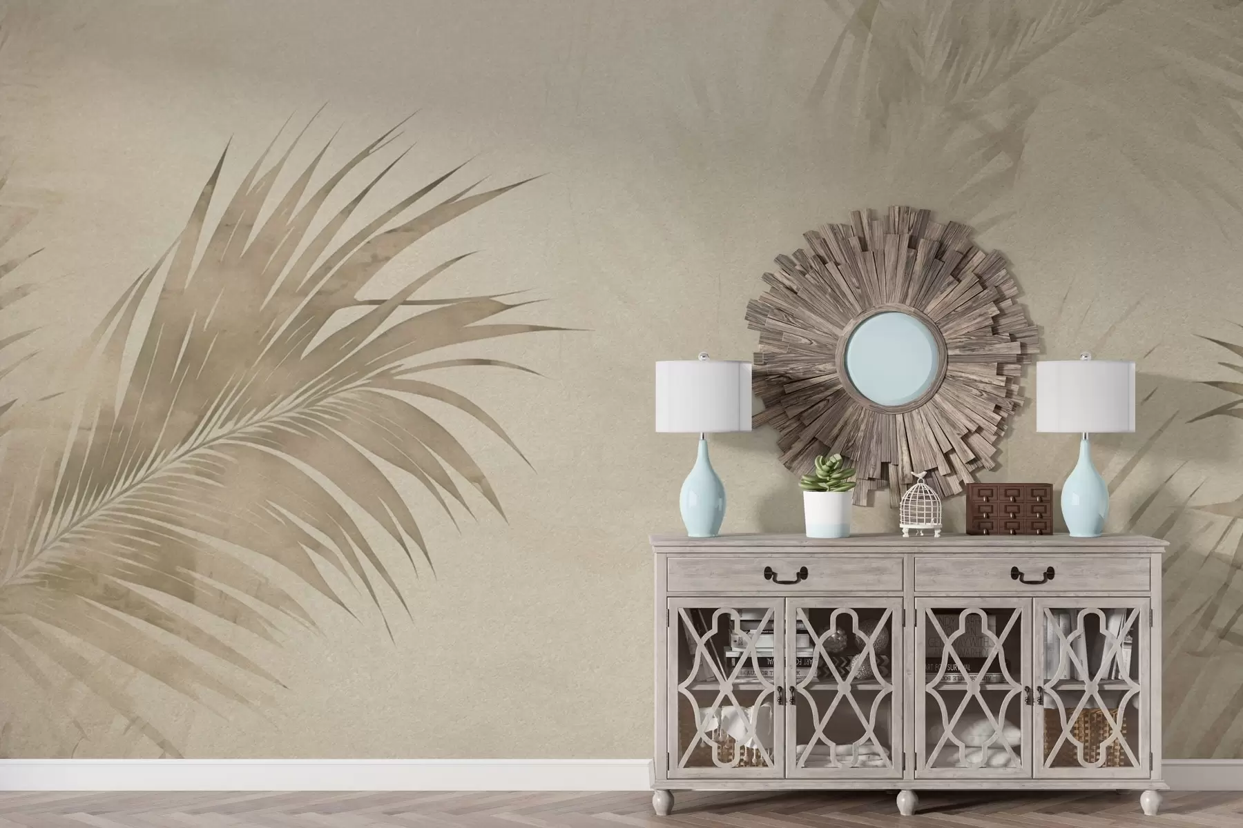 murales de pared Hojas tropicales en la niebla en estilo grunge w03534