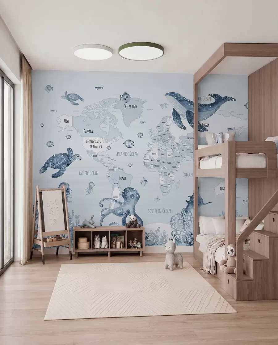 murales de pared Mundo submarino con mapamundi w03526v3