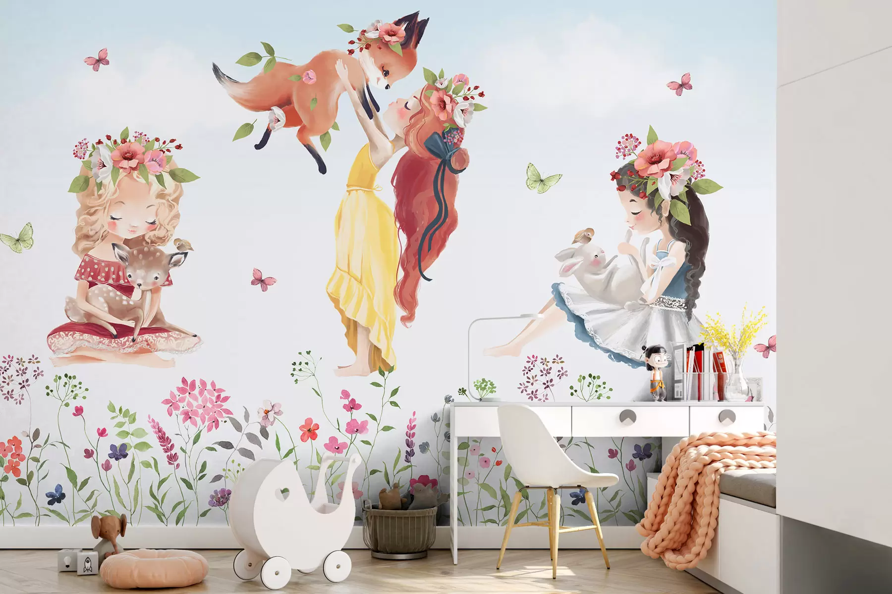 murales de pared Niñas con simpáticos animales del bosque w03002