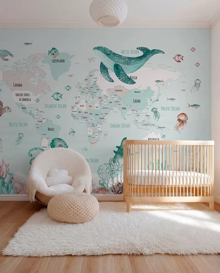murales de pared Mundo submarino con mapamundi w03526v2