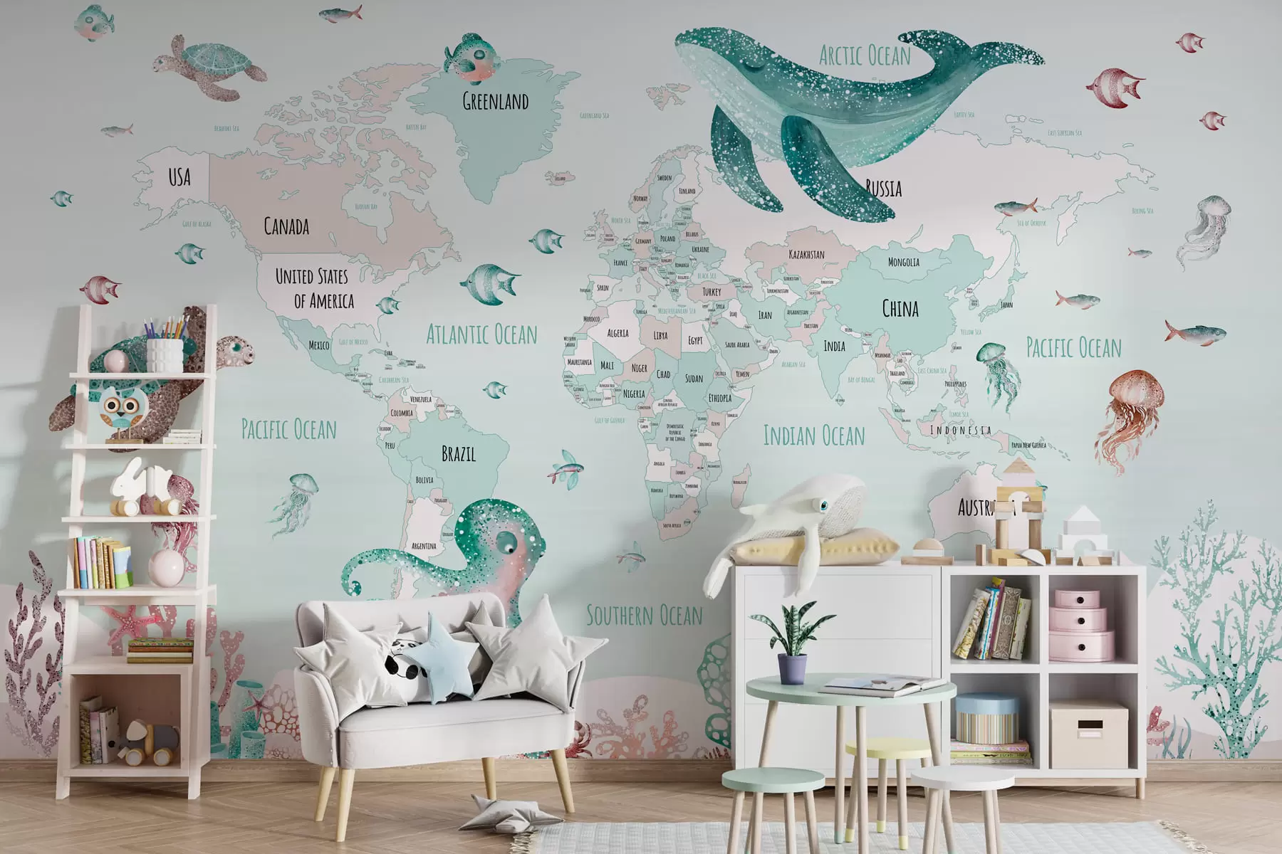 murales de pared Mundo submarino con mapamundi w03526v2