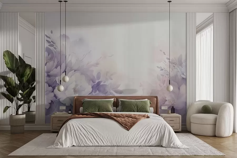 murales de pared Grandes y delicadas flores lilas, imitación de acuarela w08946