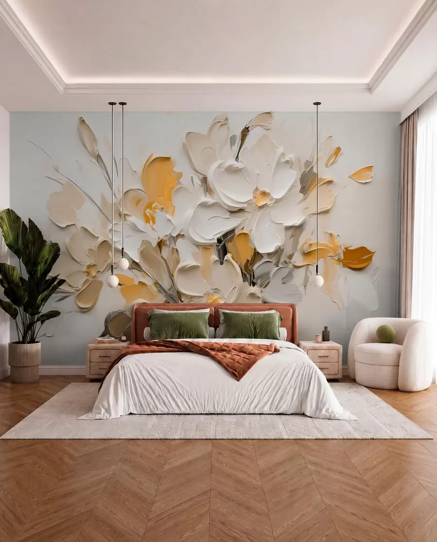 murales de pared Flores volumétricas abstractas al óleo w03582v2