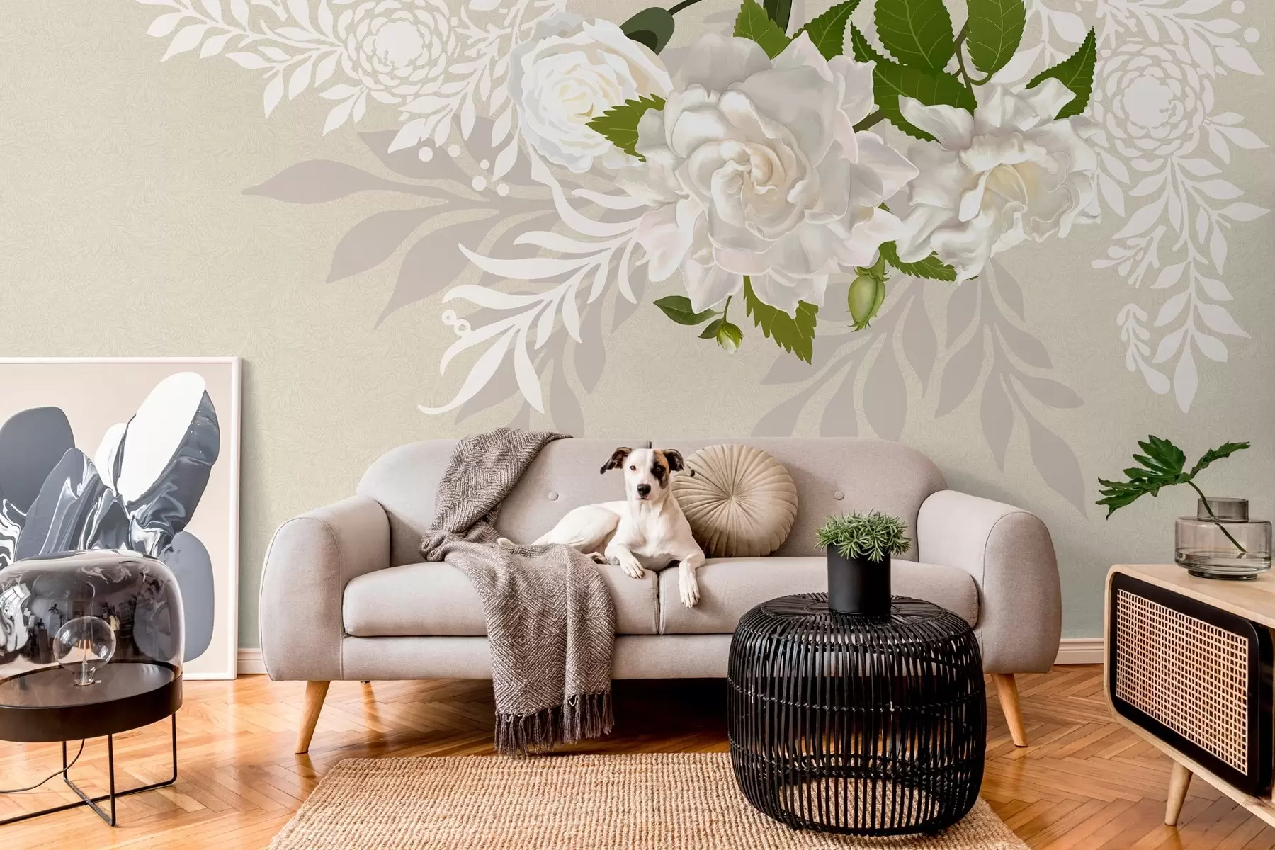 murales de pared rosas blancas sobre fondo beige w03453