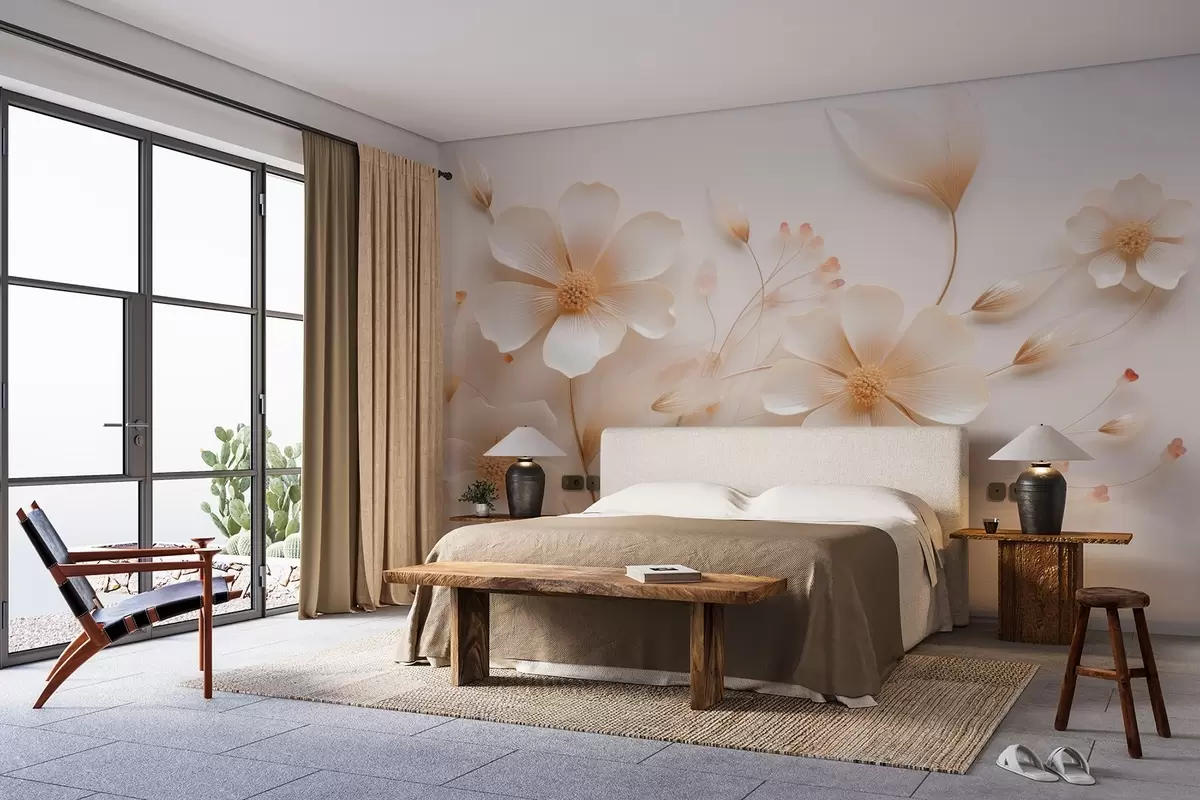 murales de pared Flores silvestres delicadas de color beige claro w08953